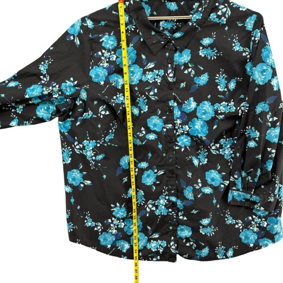 Roamans Floral Top Womens Black Blue Long Sleeve Button Down Shirt Size 40W - Picture 7 of 9